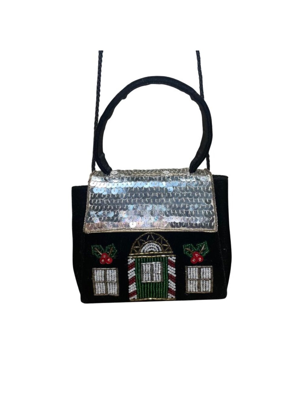 Confetti Women’s Black Velvet & Sequin Holiday House Handbag With Handle & Strap